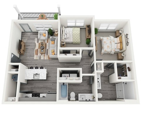 Floor plan for 2 beds, 2 baths, 937 sqft